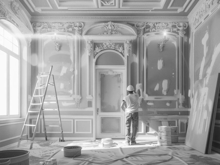 Maler in einem historischen Raum Ein Handwerker streicht eine elegante, historisch gestaltete Innenraumwand.