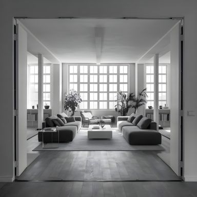 heller moderner Raum Modern Wohnraum mit hellen Fenstern, gemütlichen Sofas und Pflanzen.