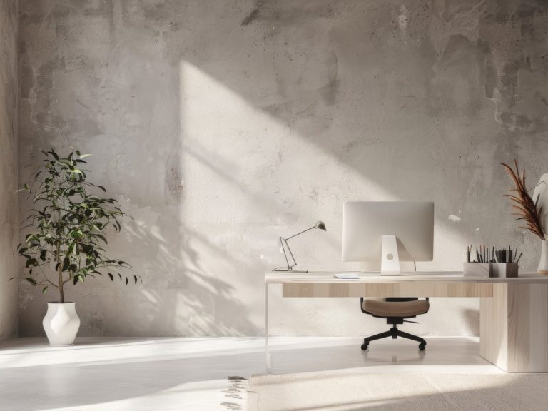 minimalistisches Büro Helles, minimalistisches Büro mit Schreibtisch, Stuhl, Monitor und Pflanze.