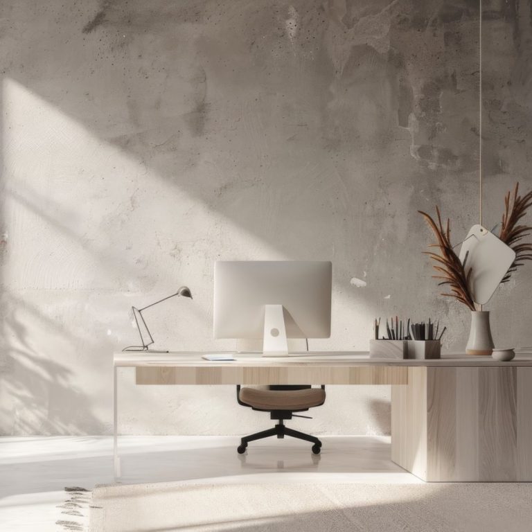 Moderner Schreibtisch mit Computer und Pflanzen in einem hellen Raum.