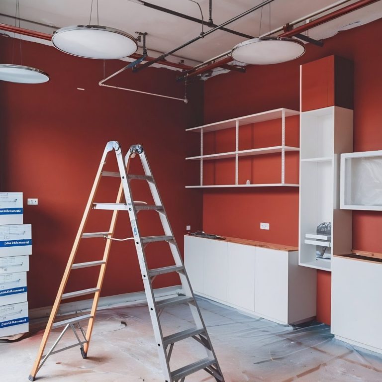 Beispielbild Innenausbau Räumlicher Innenausbau mit roter Wandfarbe, Leiter und Regalen in Bauphase.