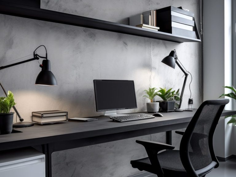 Schreibtisch mit Monitor, Pflanzen und zwei Schreibtischlampen vor einer grauen Wand.