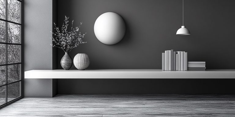 Moderner Raum mit weißem Regal Moderner Raum mit weißem Regal, Pflanzen und minimalistischer Dekoration in Schwarz-Weiß.