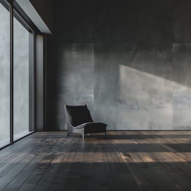 Minimalist Raum mit einem Stuhl Minimalist Raum mit einem Stuhl, großen Fenstern und einer schlichten Betonwand.