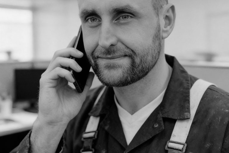 Brian Krüger - am Telefon Brian Krüger im Arbeitsanzug spricht telefonisch in einem Büroumfeld.