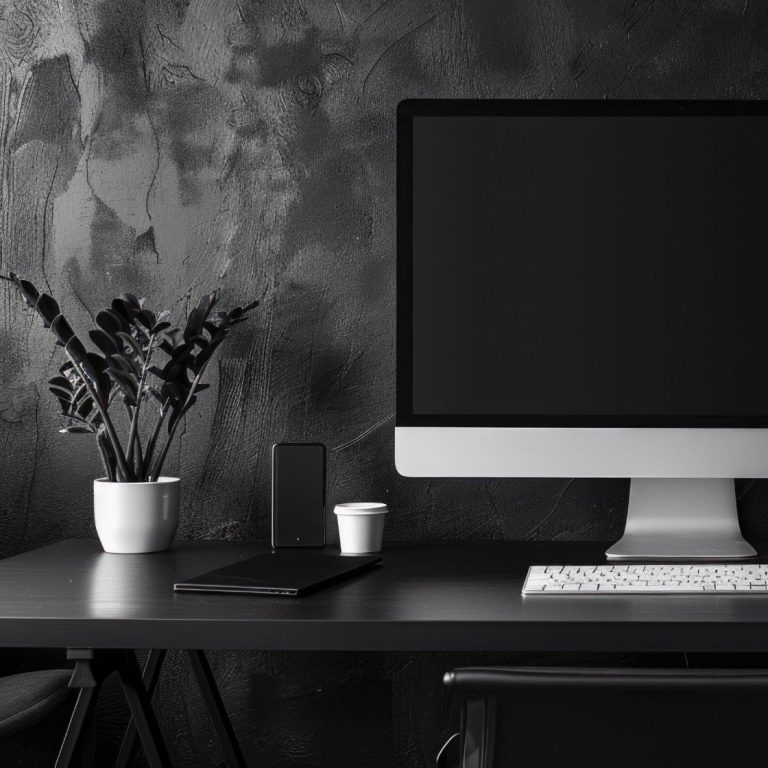 Ein minimalistischer Schreibtisch mit Computer, Smartphone und Pflanzen in einem Topf.