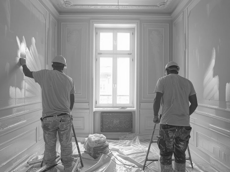 Zwei Maler bei der Arbeit Zwei Handwerker streichen die Wand eines Raumes, während sie auf Leitern stehen.