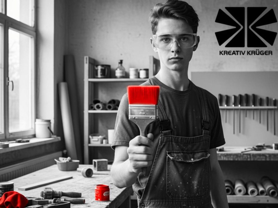 Junger Mann mit Pinsel in der Hand, in einem kreativen Arbeitsraum.