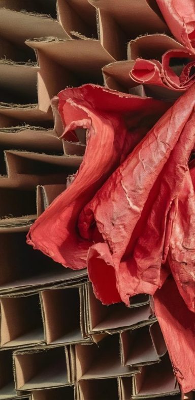 Rote textile Blüte auf strukturierter brauner Pappe.