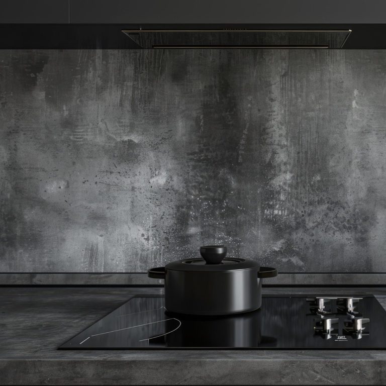 moderne Küche mit grauer Wand Schlichte moderne Küche mit schwarzem Topf auf einem dunklen Kochfeld und grauer Wand.