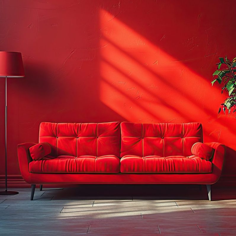 der rote Raum Rotes Sofa mit Kissen vor einer roten Wand, beleuchtet von seitlichem Sonnenlicht.