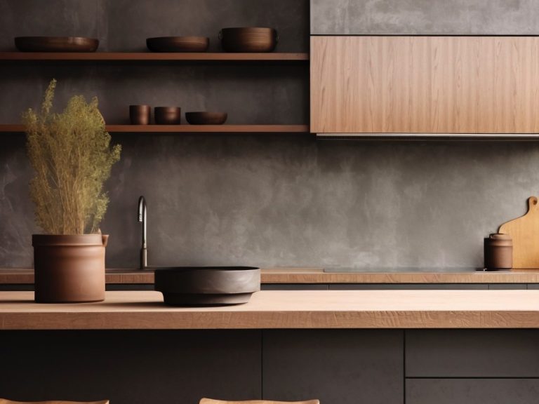 Moderne Küche in neutralen Tönen. Moderne Küche mit Holzregalen, Pflanze und minimalistischem Geschirr in neutralen Tönen.