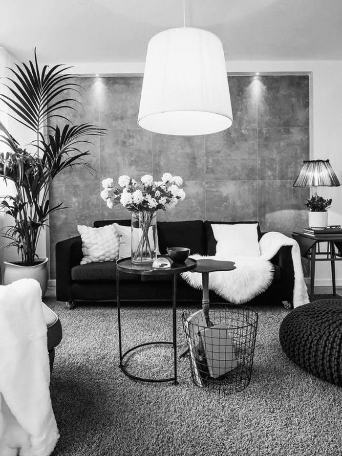 Wohnzimmer mit Akzentwand Wohnzimmer in Schwarz-Weiß mit einem Sofa, Blumen, Tischlampe und dekorativen Elementen.