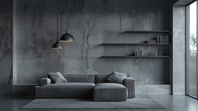 Helles modernes Wohnzimmer Helles, modernes Wohnzimmer mit grauem Sofa und minimalistischem Regalsystem.