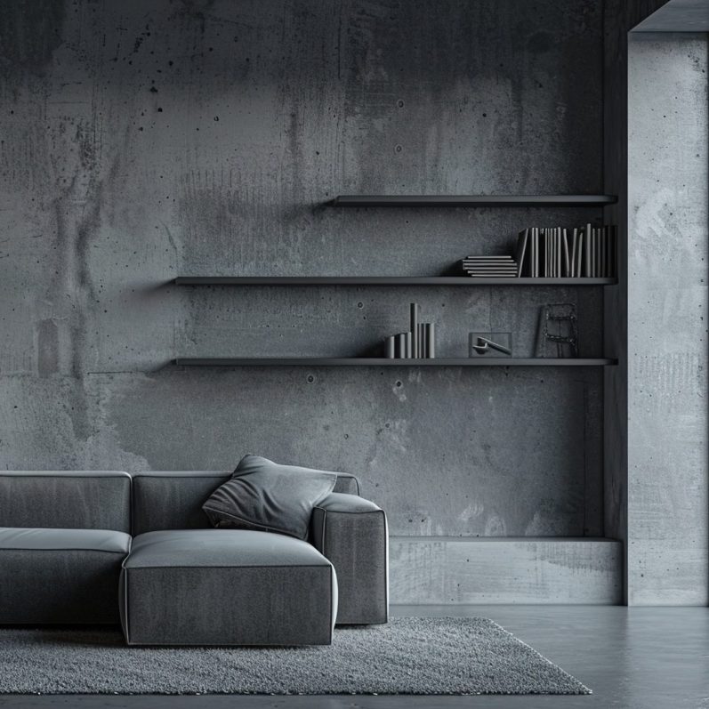 minimalistisches Wohnzimmer Moderne, minimalistische Wohnraumgestaltung mit grauem Sofa und Regalen.