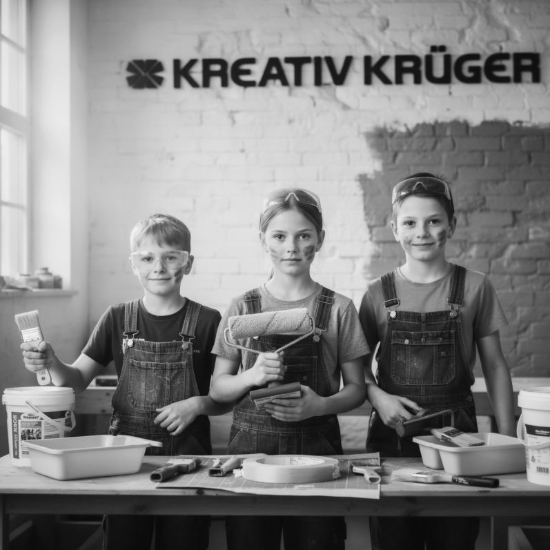Drei Kinder in Latzhosen halten Malwerkzeuge an einem Tisch, mit Farben und Zubehör.