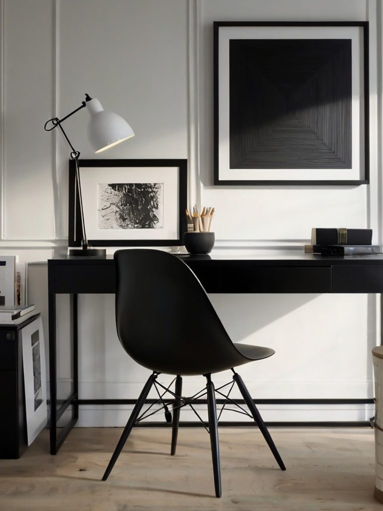 Moderne Arbeitsumgebung mit schwarzem Tisch, Stuhl und minimalistischer Kunst an der Wand.