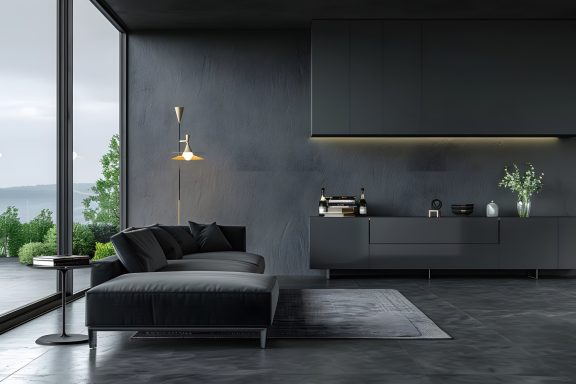 minimalistisches Wohnambiente Ein modernes, minimalistisches Wohnambiente mit dunkler Sofagarnitur und stilvoller Küchenzeile.