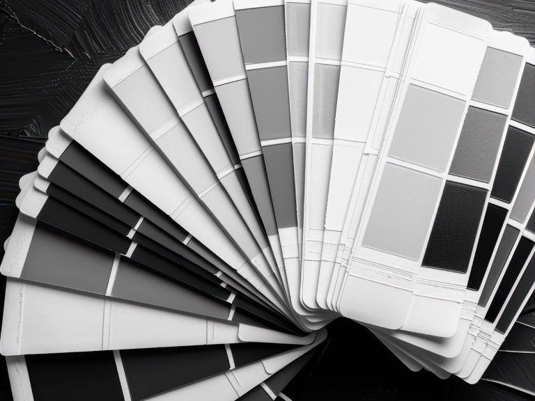 Fächer aus Farbechtestern in Schwarz- und Grautönen.