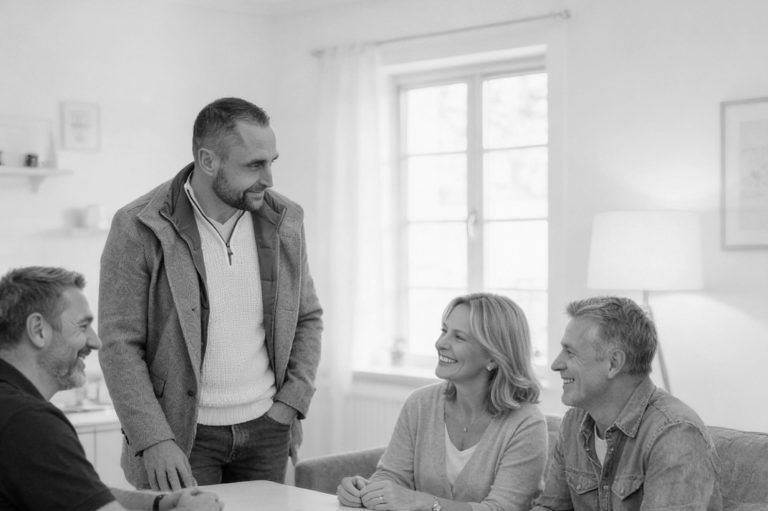 Brian Krüger im Abschlussgespräch mit Kunden Vier Personen in einer hellen Raum,笑end und im Gespräch miteinander.