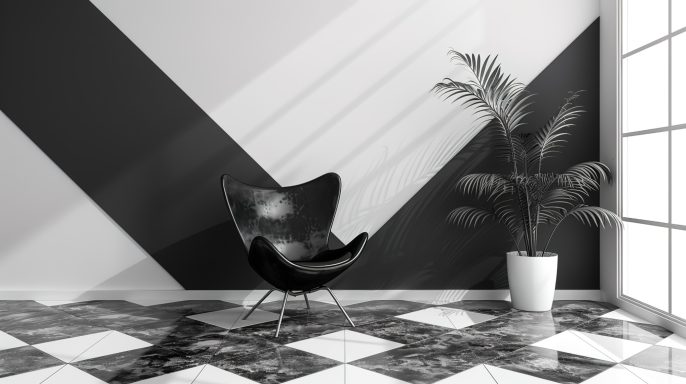 Moderner Raum mit schwarzem Sessel Schwarzer Sessel in modernem Raum mit gestreifter Wand und Pflanze in einem Topf.