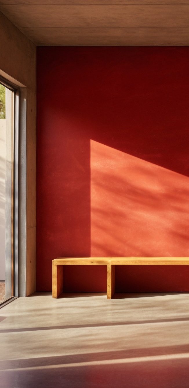 erster Teil minimalistischer Raum mit roter Wand Ein minimalistischer Raum mit roter Wand und einer Holzbank im Vordergrund.
