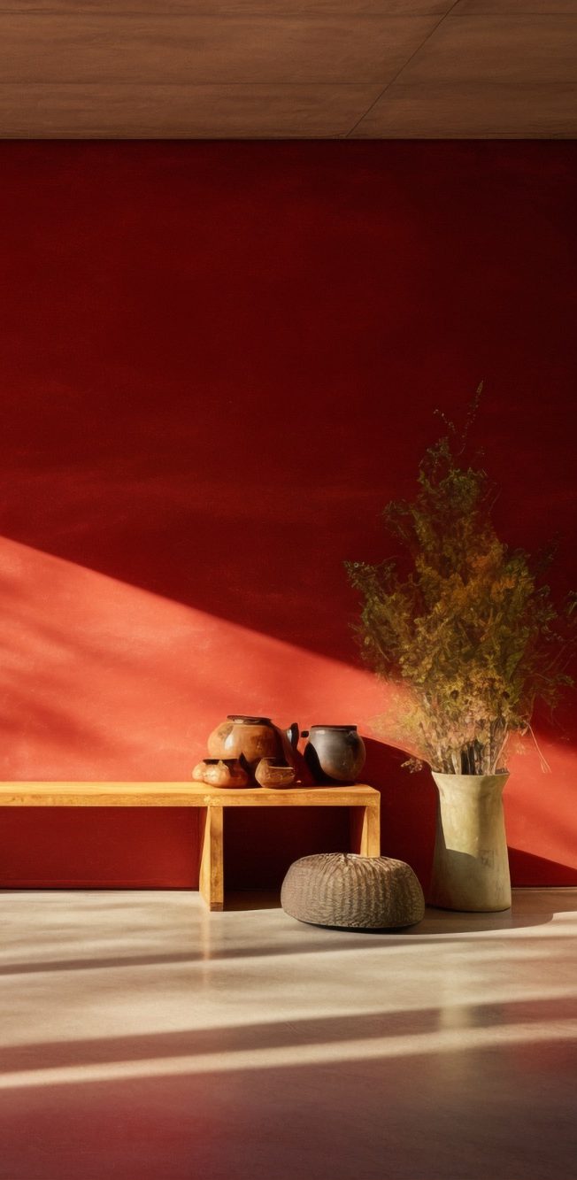 zweiter Teil minimalistischer Raum mit roter Wand Holzbank mit Töpfen, Stein und Pflanze vor roter Wand mit Lichtspiel.