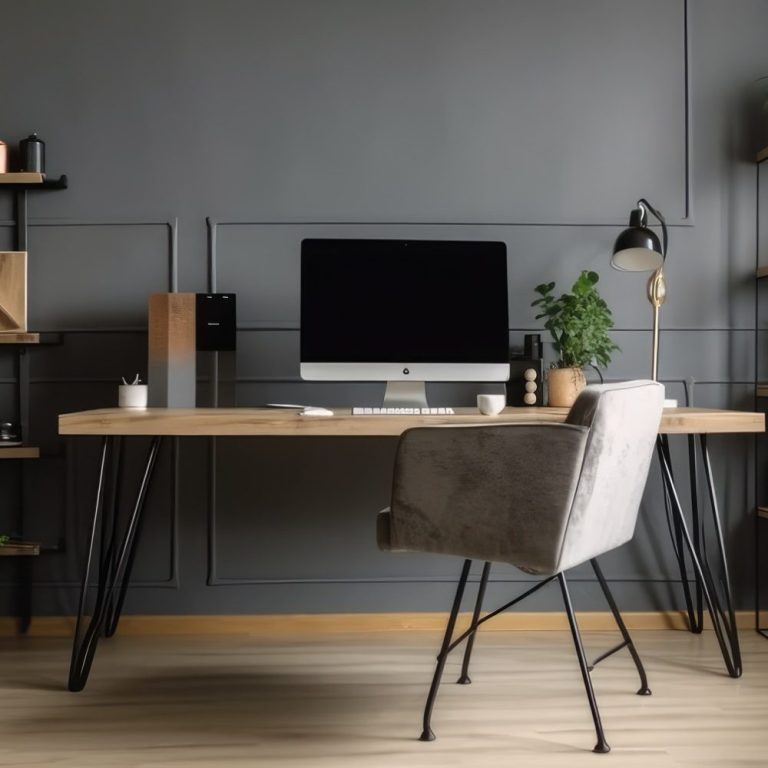 Moderner Arbeitsbereich mit Schreibtisch, Pflanzen und einem Monitor vor grauer Wand.