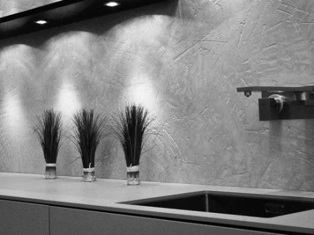 Akzentwand in der Küche Moderne Küche mit einem Waschbecken und drei Pflanzen in Töpfen auf der Arbeitsfläche.