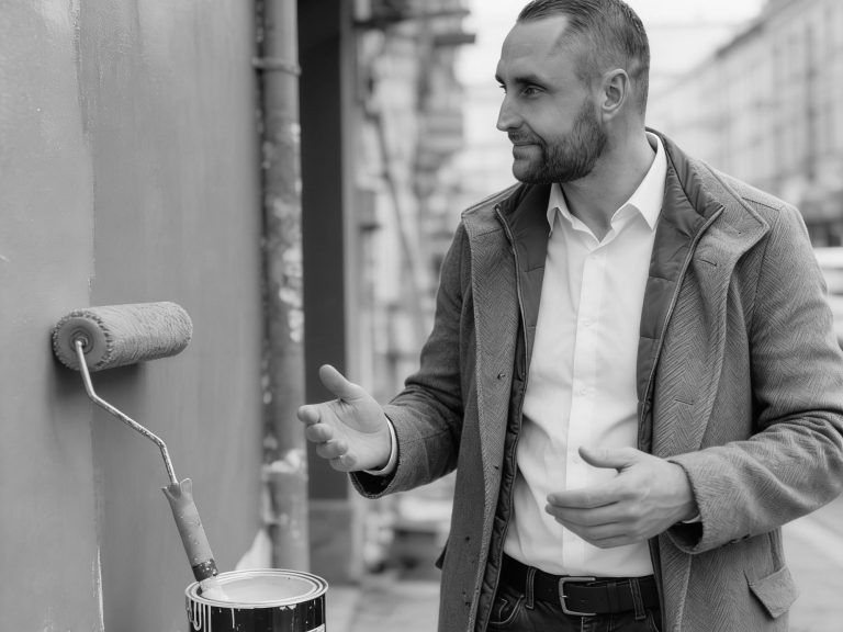 Brian Krüger Brian Krüger steht neben einer Wand mit Farbrolle und spricht, Straßenansicht im Hintergrund.