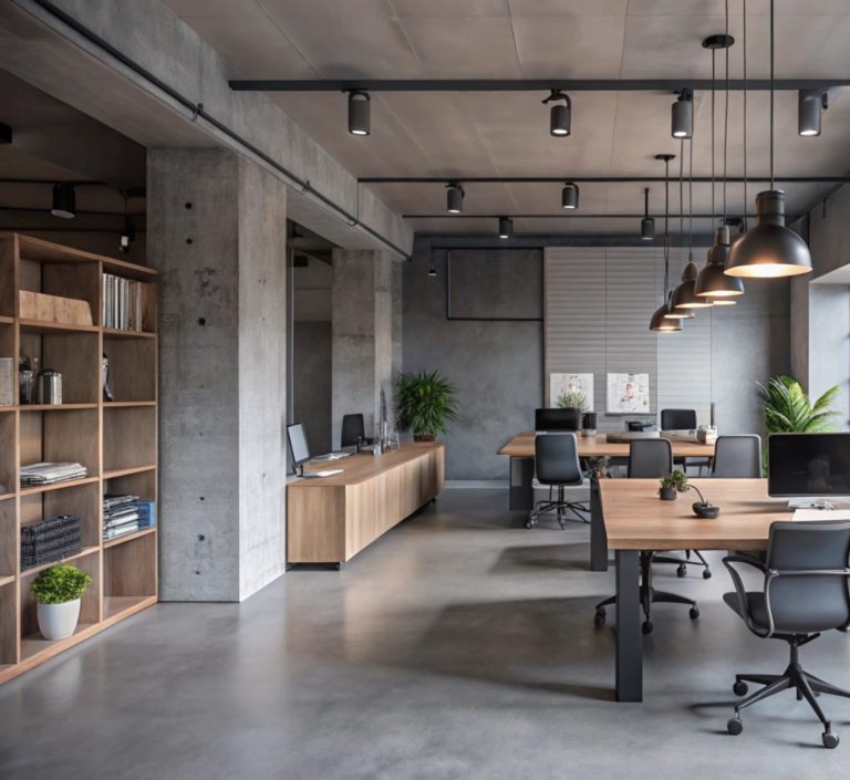 Modern Büro mit Holzmöbeln, Pflanzen und mehreren Arbeitsplätzen.