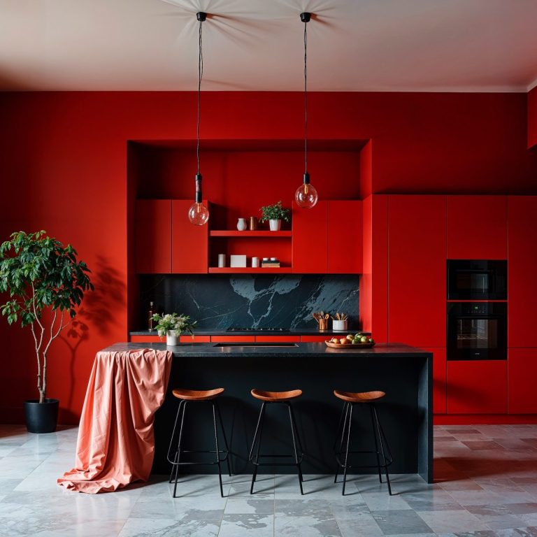 Moderne Küche mit roten Wänden Moderne Küche mit roten Wänden, schwarzem Kücheninsel und Holzbarhockern. Pflanzen im Raum.