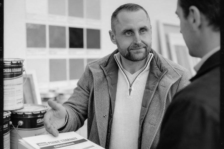 Brain Krüger im Kundengespräch Zwei Männer unterhalten sich vor Farbmusterkarten und Lackdosen.