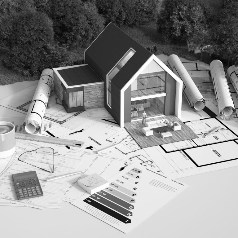 Symbolbild für die Planung eines Hauses Modell eines modernen Hauses umgeben von Bauplänen und Zeichnungen.