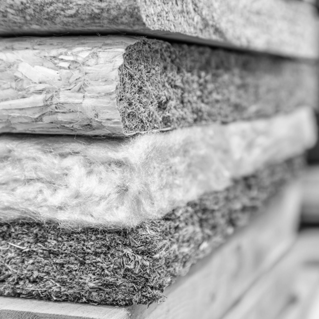 Dämmstoffarten Nahaufnahme von verschiedenen Dämmstoffen, in Schwarz-Weiß.