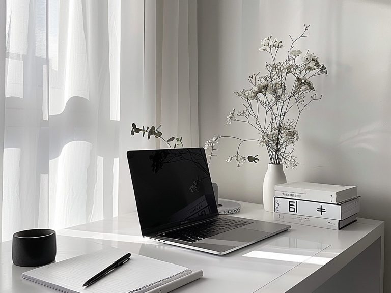 Ein minimalistischer Schreibtisch mit Laptop, Notizbuch, Stift und einer Blumenvase.