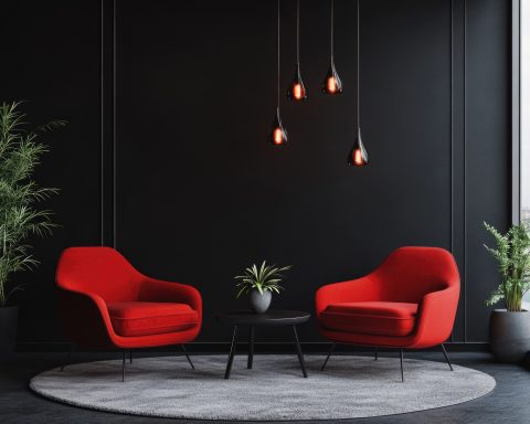 Zwei rote Sessel und eine schwarze Wand Zwei rote Sessel auf einem runden Teppich vor einer schwarzen Wand mit hängenden Lampen.