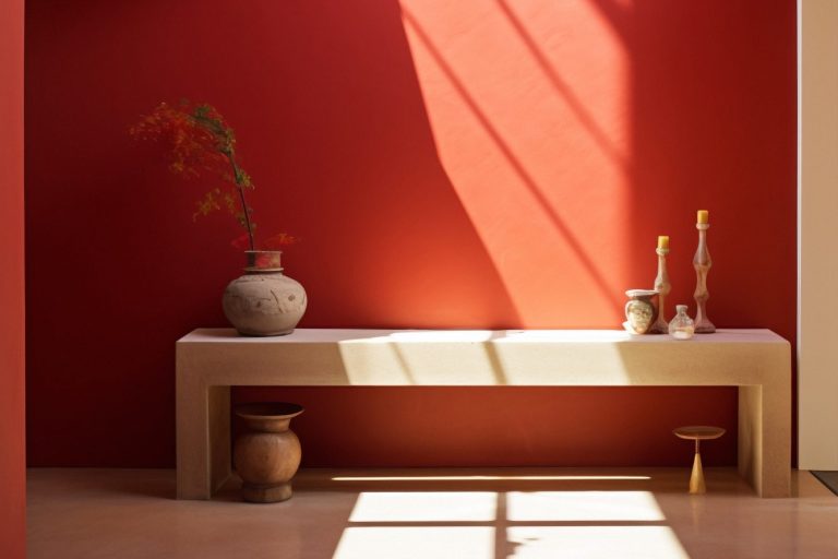 Zusammenspiel Minimalismus und Farbe Ein minimalistischer Raum mit roter Wand, Sitzbank und dekorativen Vasen.